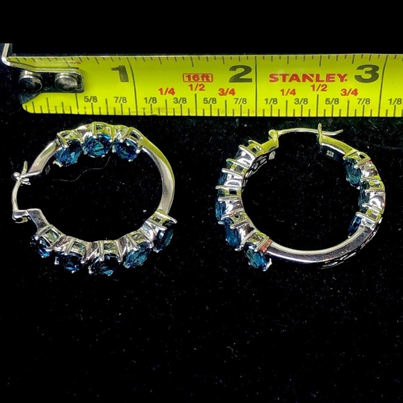 Blue Spinel Hoop Earrings & Ring Set Sz 8 Electroplated Rhodium Sterling Silver - Picture 8 of 17